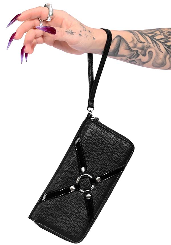 Large and Stylish Foxblood Textured Black PU Bondage Wallet with O - Ring