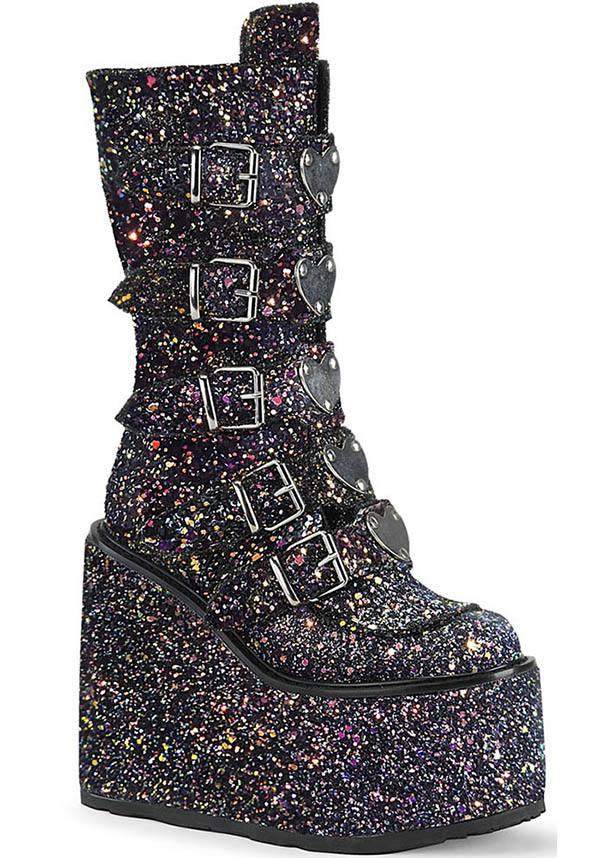 PREORDER: Demonia SWING-230G Platform Mid-Calf Boots in Black Multi Glitter Style