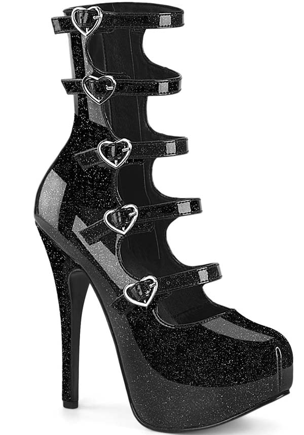 TEEZE-23 Platform Heels in Black Glitter Patent Finish - Preorder Now