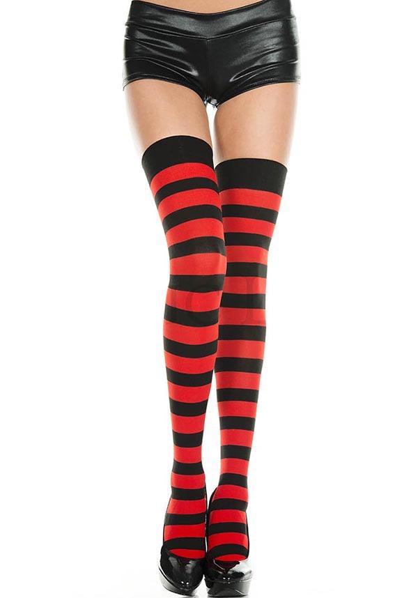 Wide Striped Black and Red Music Legs Thigh High Stockings for Costume, Cosplay, or Gothic Punk Outfits