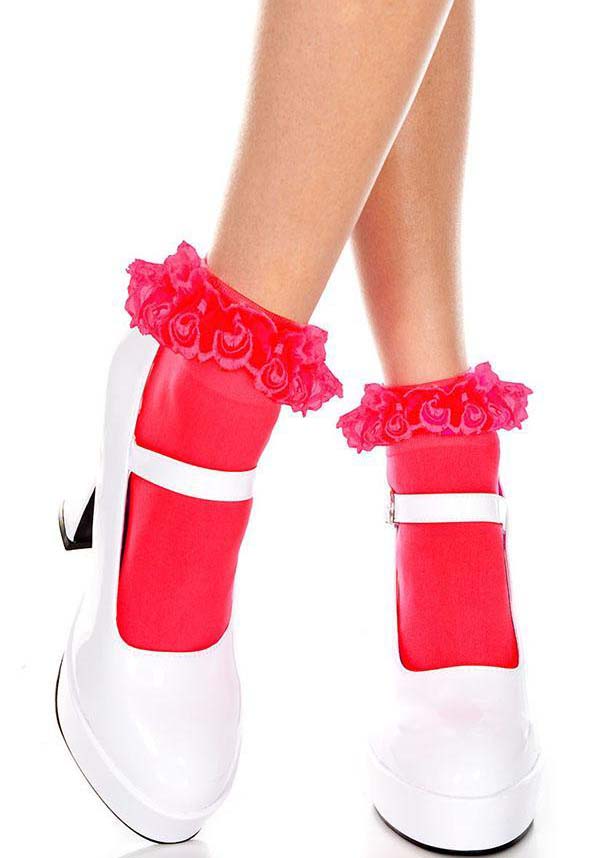 Adorable Red Floral Trim Ankle Socks for Fashion Lovers
