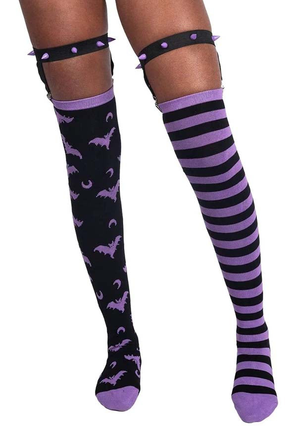 Purple Stripes and Purple Bats Design Thigh High Fashion Garter Socks