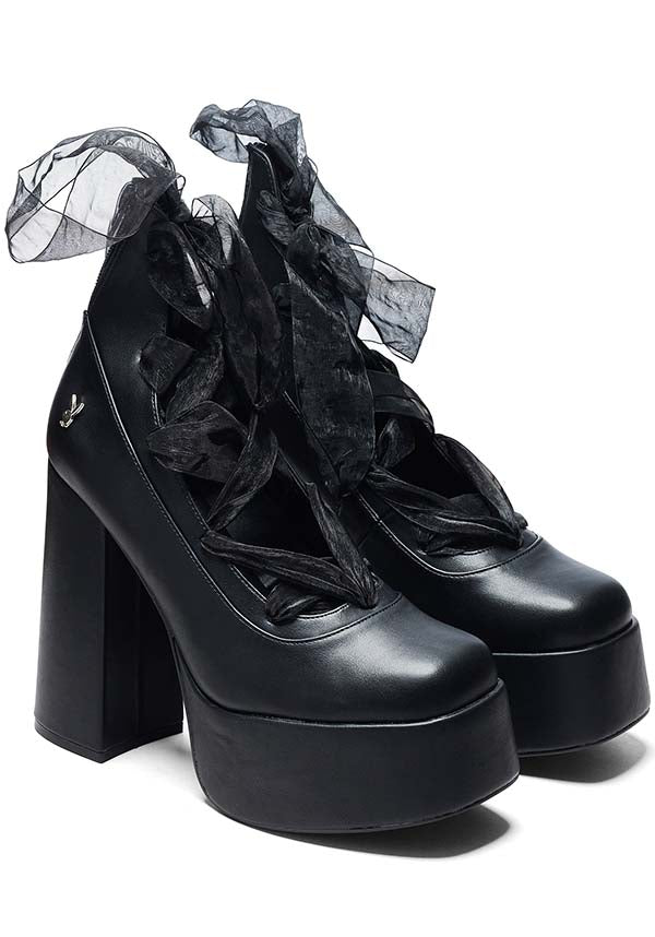 Playboy Black Vegan Leather Lace Up Mary Jane Heels for a Stunning Look