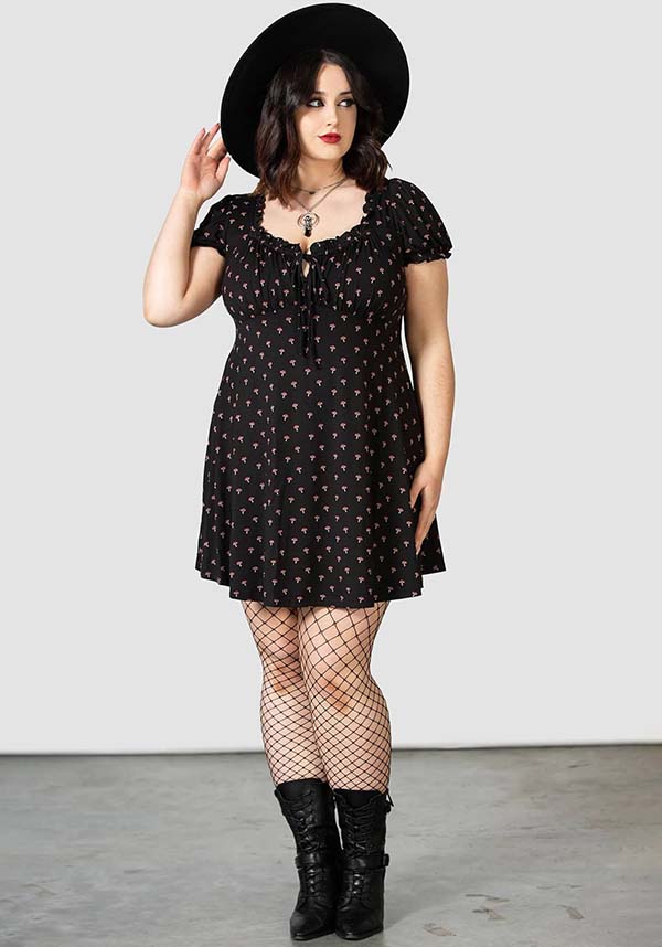Poisonpie Mini Dress with Mushroom Print and Adjustable Neckline