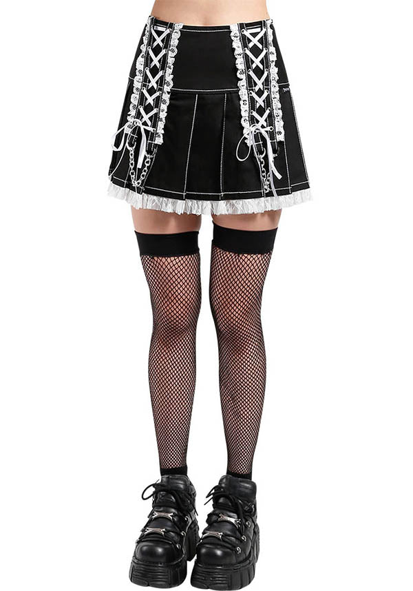 Lolita Monochromatic Black and White Pleated Skirt with Lace, Chains, Eyelets, and D - rings