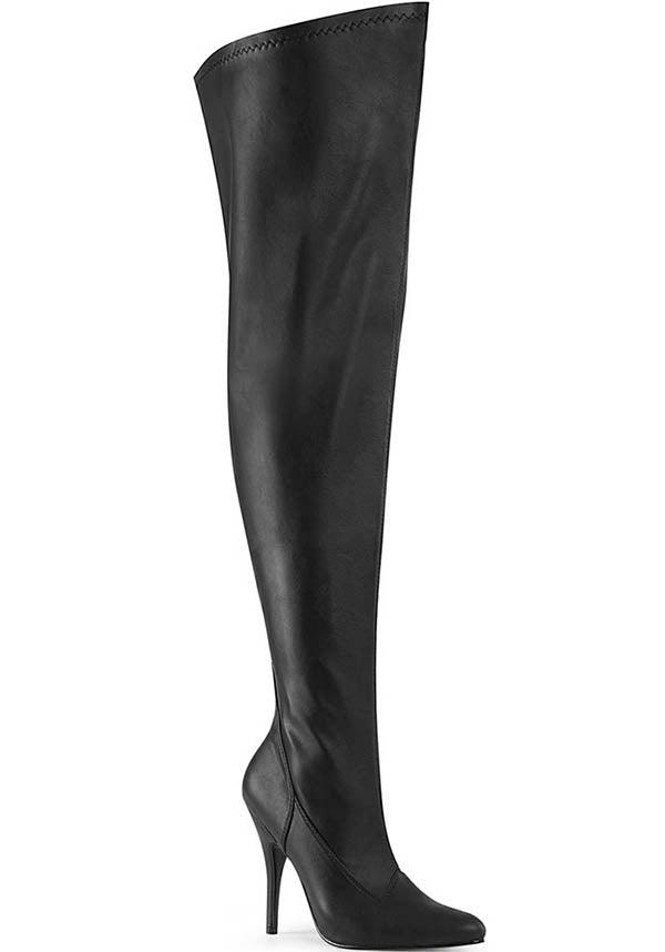 SEDUCE-3000WC Wide Calf Stretch Thigh High Boots in Black Faux Leather [Pre-Order]