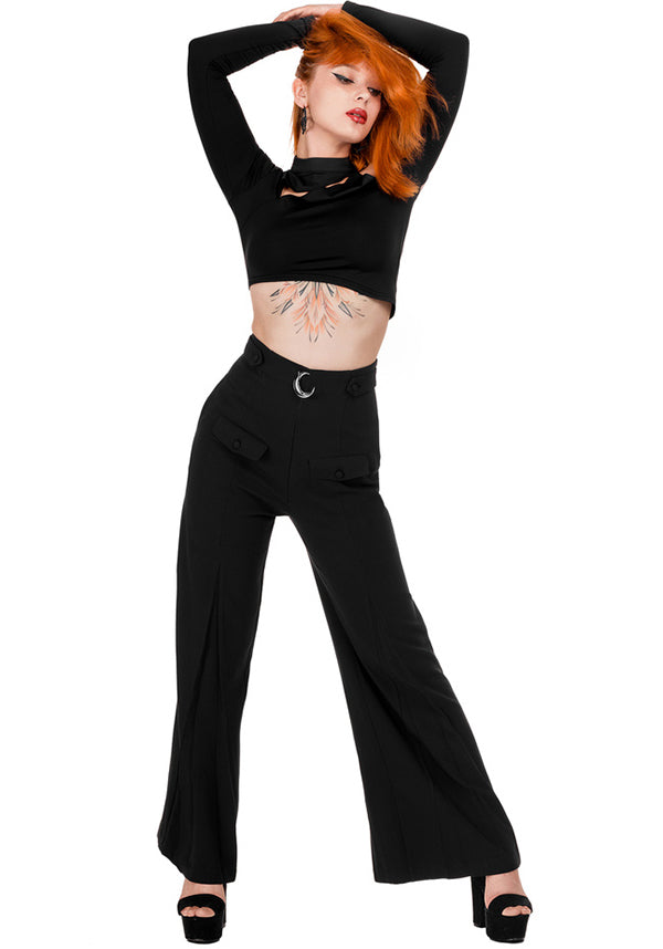 Restyle's Gothic Loretta Crescent Sky High Flared Pants for Corporate Goth Babes