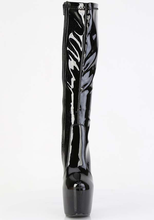 PREORDER - JUBILANT-2000 Black Patent Platform Stretch Knee Boots