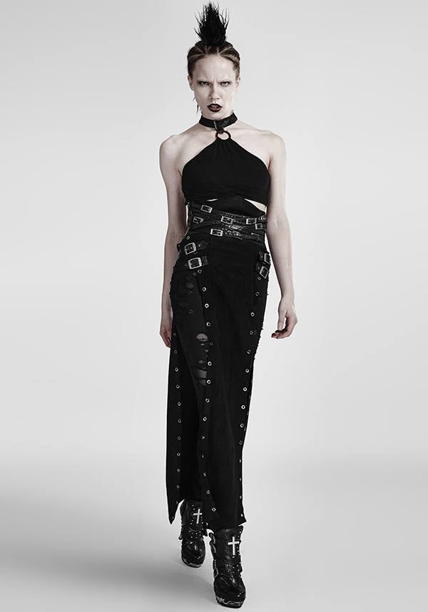 Punk Style High Waist Split Skirt with Leather Loop and Metal Buckle