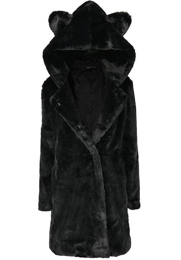 Stylish Restyle Black Faux Fur Winter Coat with Cat Ears