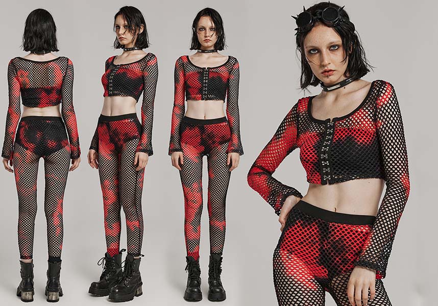 Punk Rave Badriyah Black/Red Tie-Dyed Fishnet Long Sleeve Crop Top