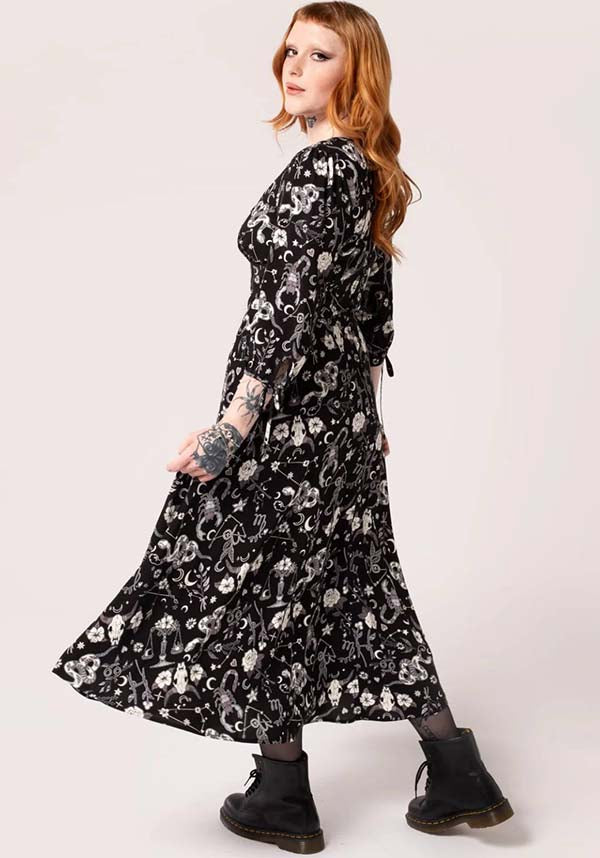 Hell Bunny Celestial Star Sign Printed Viscose Midi Dress for Fashion Lovers