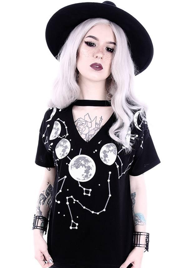 Soft Black Cotton Oversized Moon Phases V - Neck T - Shirt