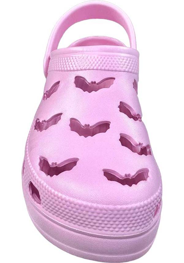 YRU RIPS Baby Pink Bat-Style Rubber Clogs for a Spooky Look