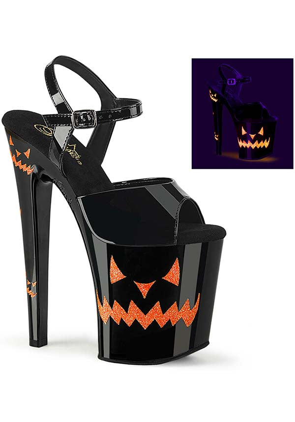 PREORDER - XTREME-809JOL Platform Heel Ankle Strap Sandals in Black Patent and Neon Orange