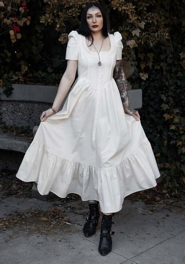 Elegant Ivory Gothic Dress by Lively Ghosts with Lace Details