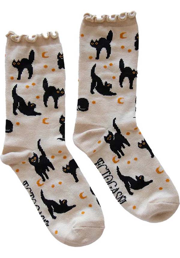 Adorable Soft Combed Cotton Ruffle Socks with Black Cat and Gold Star Design