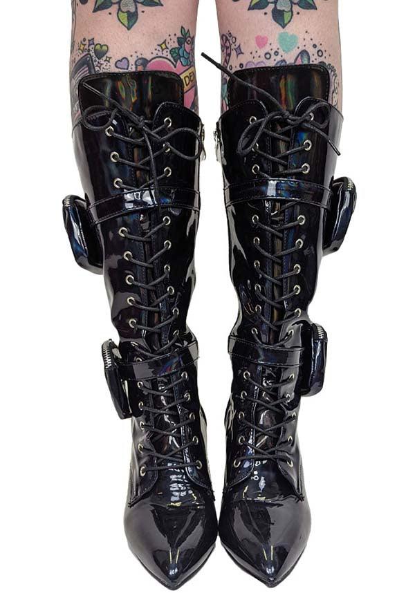 San Jose Black Holo Patent Leather Lace - Up Mid - Heel Boots with Pocket Details
