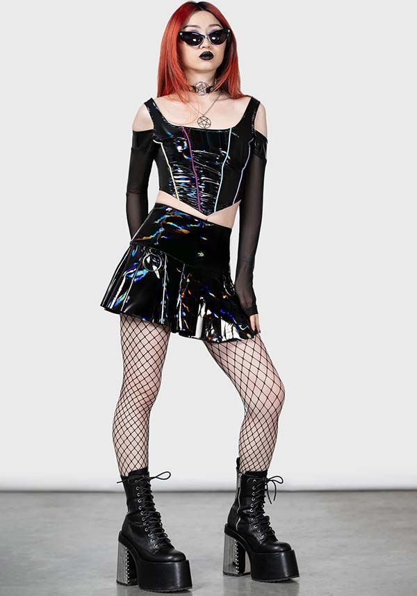 Midnight's Magic Black Rainbow PU Corset Top with Mesh Sleeves and Cold Shoulder Design