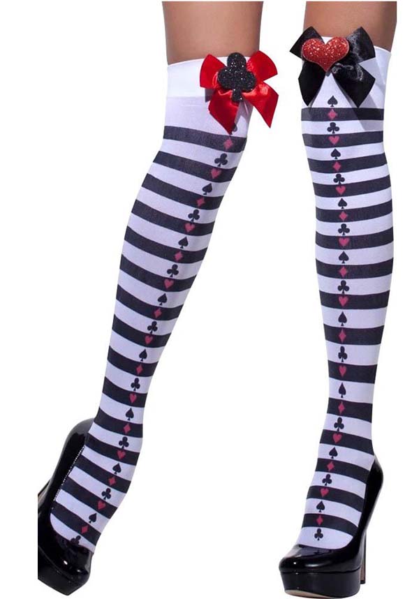 Stylish Black and White Striped Hold Ups with Charming Red Bows