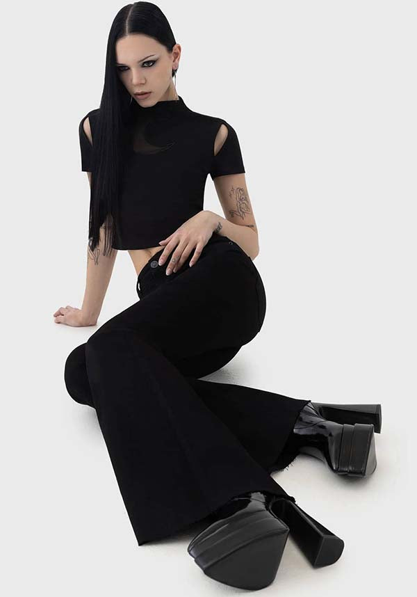 Perseis Flared Cotton Trousers with PU Branded Patch