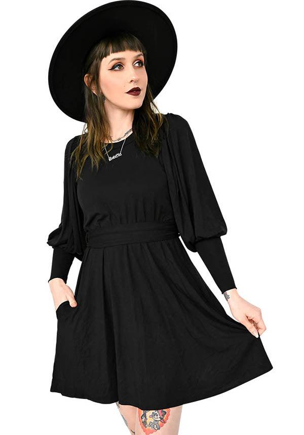 Marie Women's Super Soft Black Stretch Flowy Dress with Bishop Sleeves