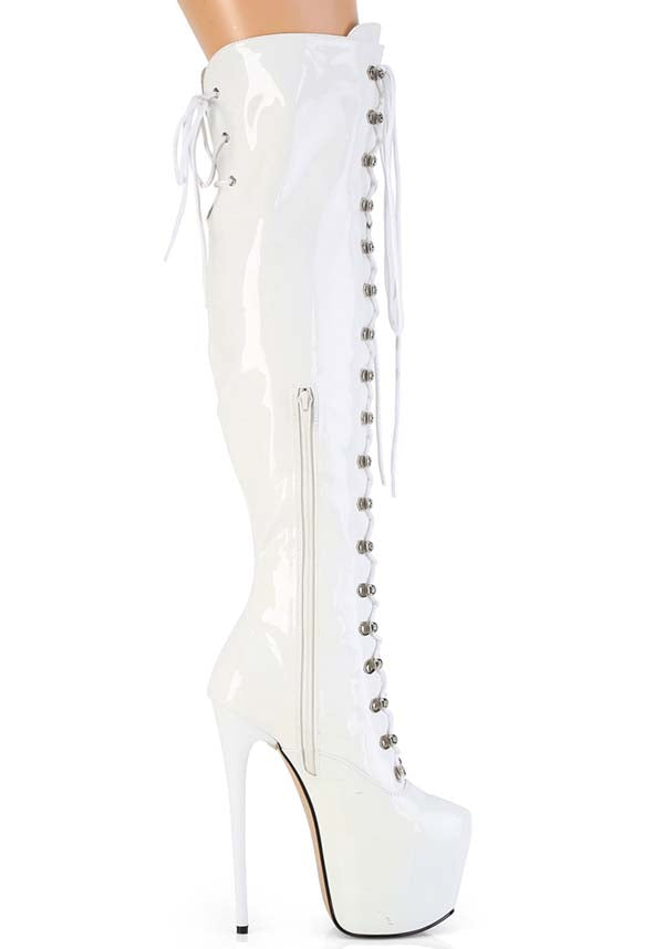 JUBILANT-3012 White Patent Leather Over-The-Knee Platform Boots - Pre-Order