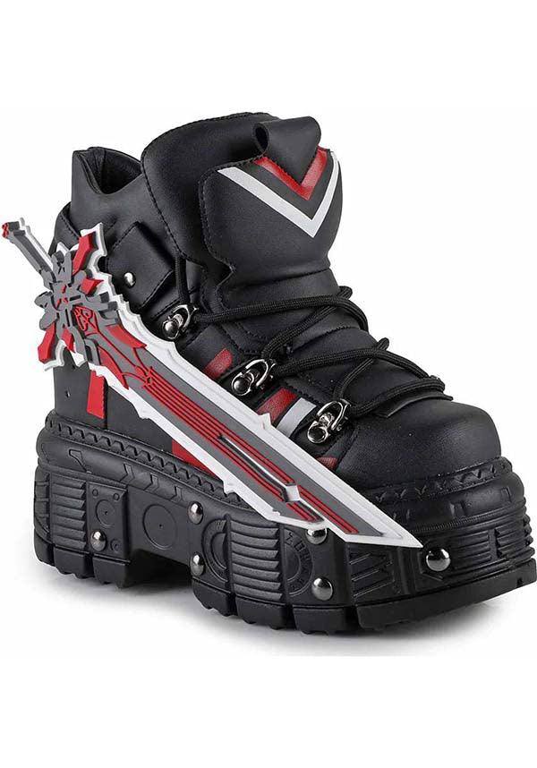 Genshin Impact Inspired Black Combat Platform Boots - Mangosteen-08 with Statement Sword Accessory