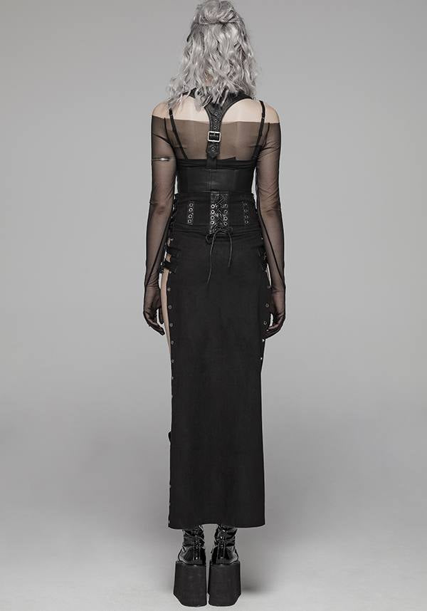 Punk Style High Waist Split Skirt with Leather Loop and Metal Buckle