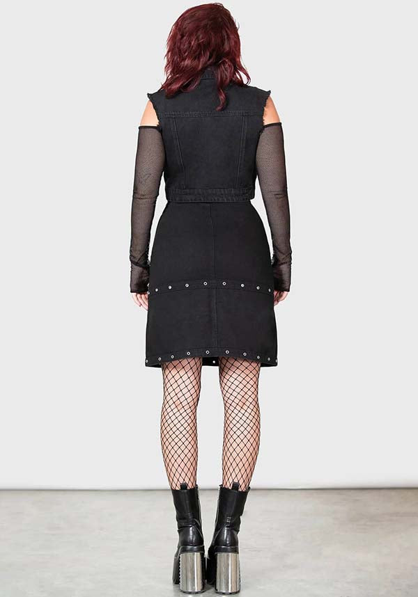 Punktured Denim Knee-Length Studded Fitted Skirt