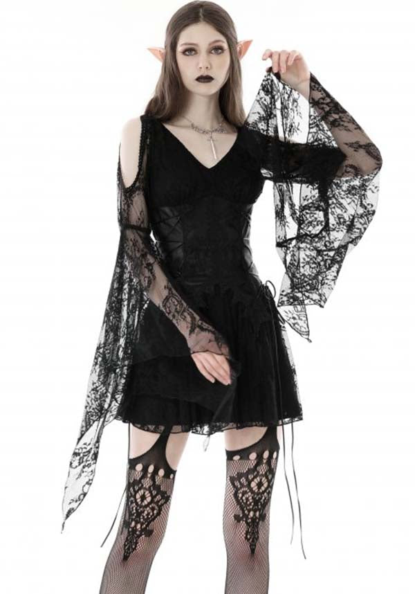 Exquisite Azrael Sheer Lace Dress with Bell Sleeves and Cold Shoulder Design
