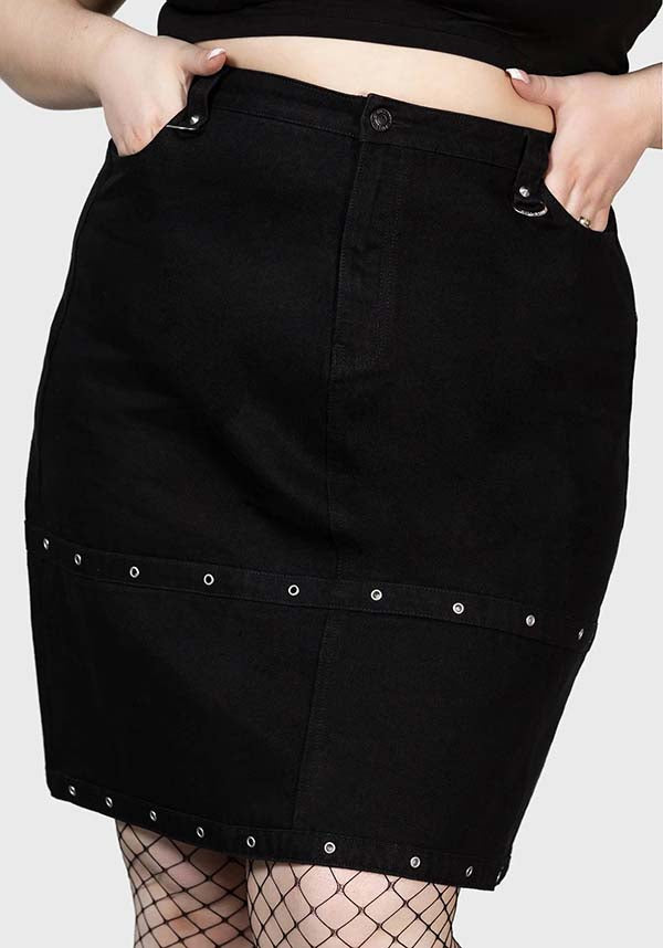 Punktured Denim Knee-Length Studded Fitted Skirt