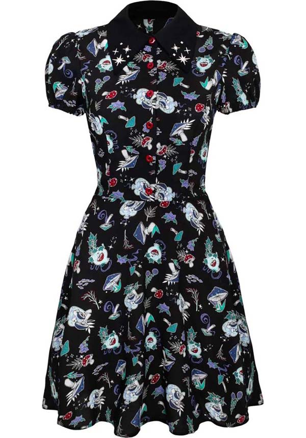 Hell Bunny Amanita Gothic-Style Printed Viscose Mini Dress for Women