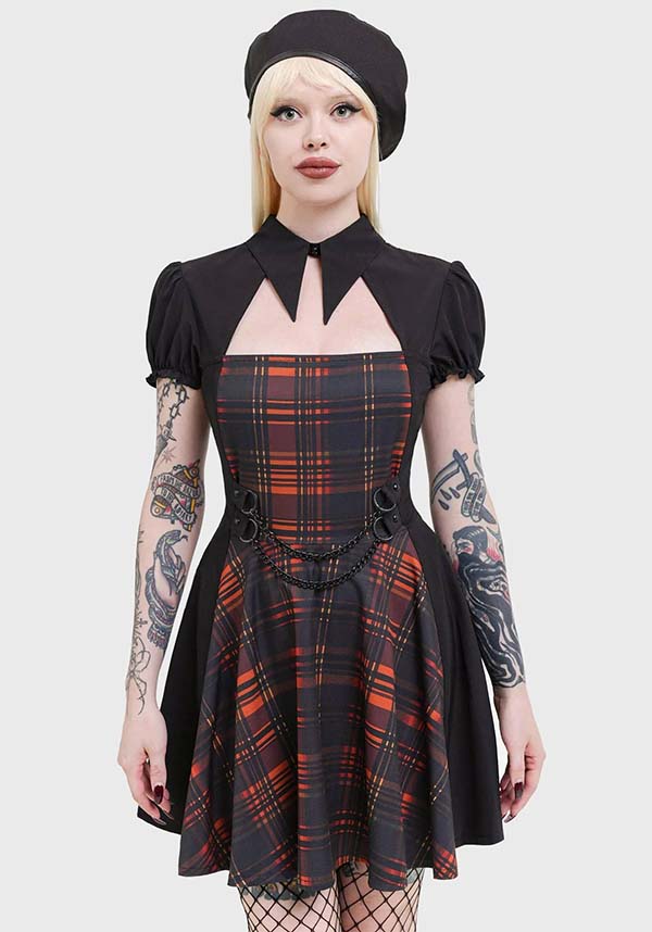 Amberic Women's Orange Tartan Print Mini Dress with Chain Details