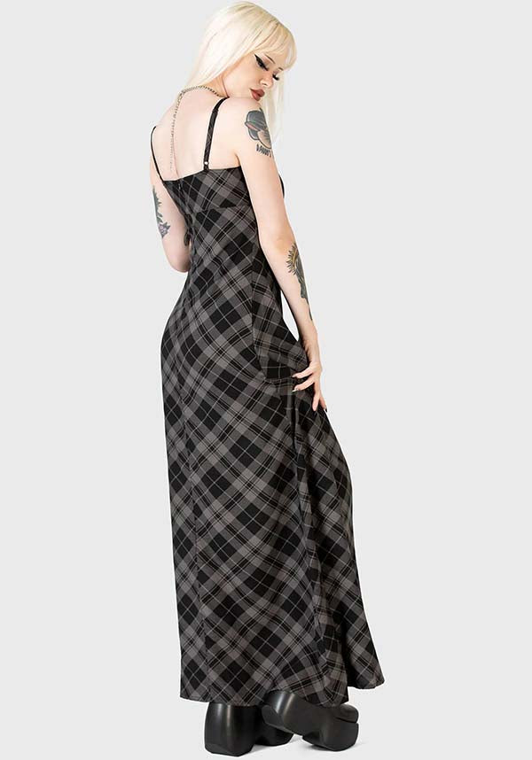 Alwina Grey Tartan Print Maxi Slip Dress for Women