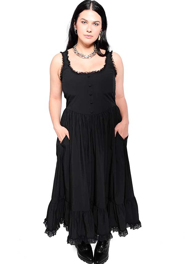 Alexandra | Charming Sleeveless Midi Dress with Button and Lace Details