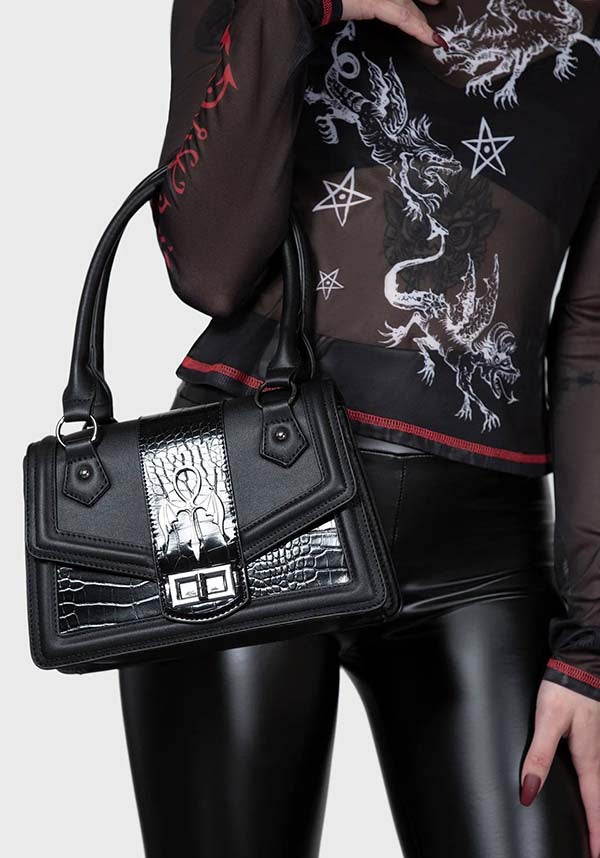 Astaroth Statement Faux Leather Handbag with Patent Faux Crocodile Detailing