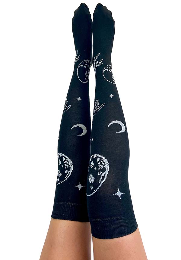 Astrology-themed Black Over-the-knee Cotton Socks