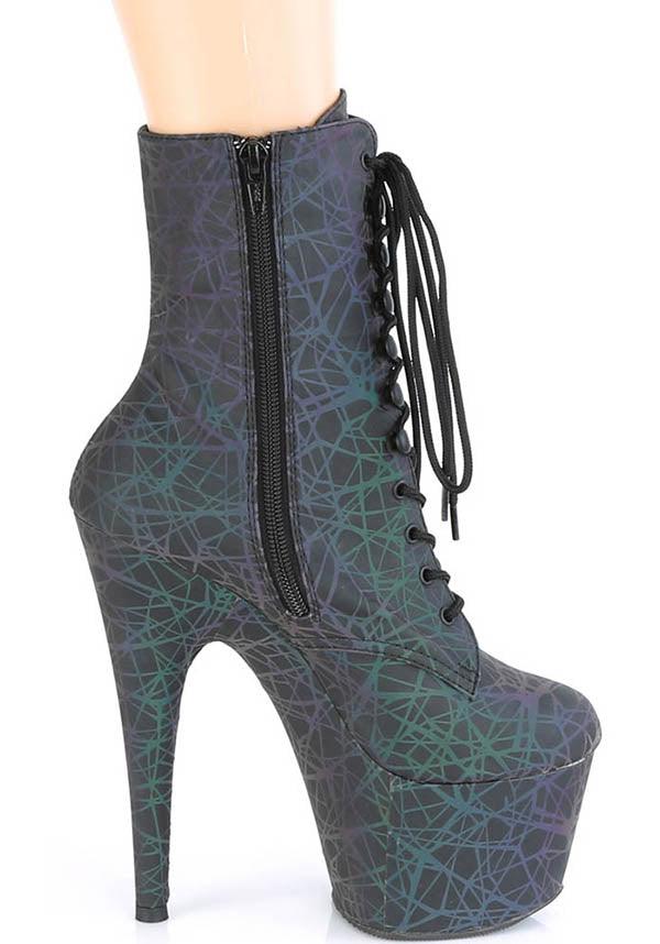 PRE-ORDER ADORE-1020REFL Reflective Platform Heel Ankle Boots in Green and Purple Colors
