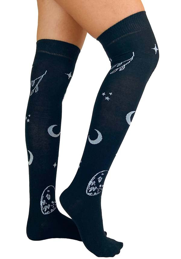 Astrology-themed Black Over-the-knee Cotton Socks