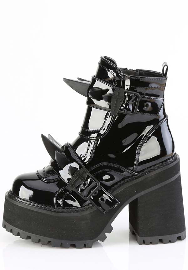 PRE-ORDER: Demonia ASSAULT-72 Platform Ankle Boots in Black Patent Leather