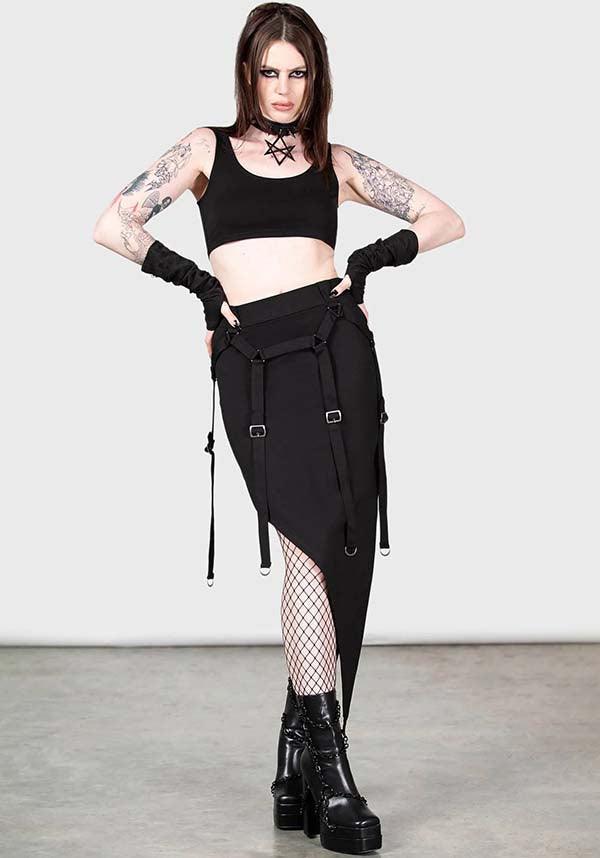 Acacia's Poison Women's Asymmetric MIDI Skirt with Statement Straps and Gun - Metal Hardware