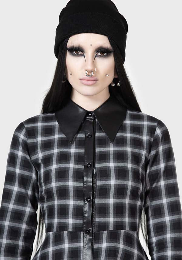 Artem Soft Cotton PU - Collar Black & Grey Tartan Mini Shirt Dress