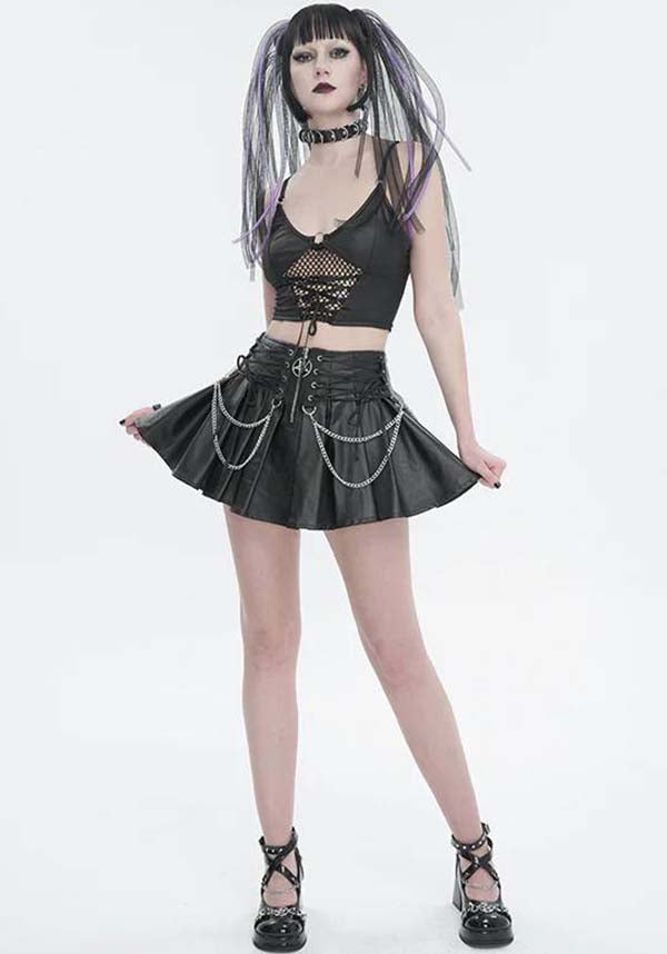 Gothic Style Faux Leather Chain-Embellished Pleated Skirt