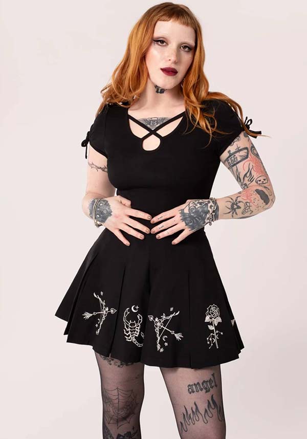 Hell Bunny Astrology Black Pleated Mini Skirt for Cosmic Fashion Lovers