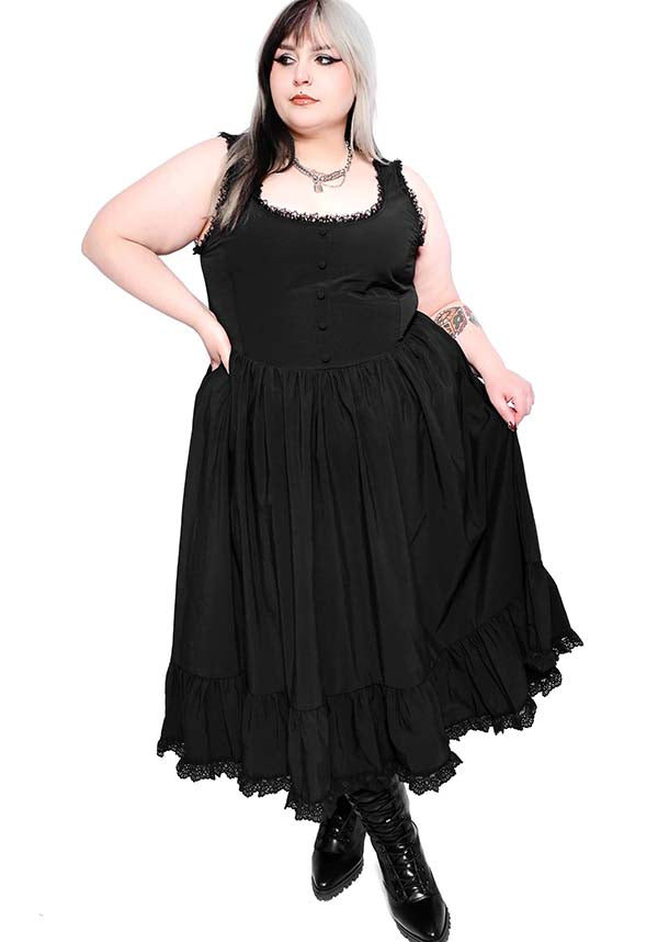 Alexandra | Charming Sleeveless Midi Dress with Button and Lace Details