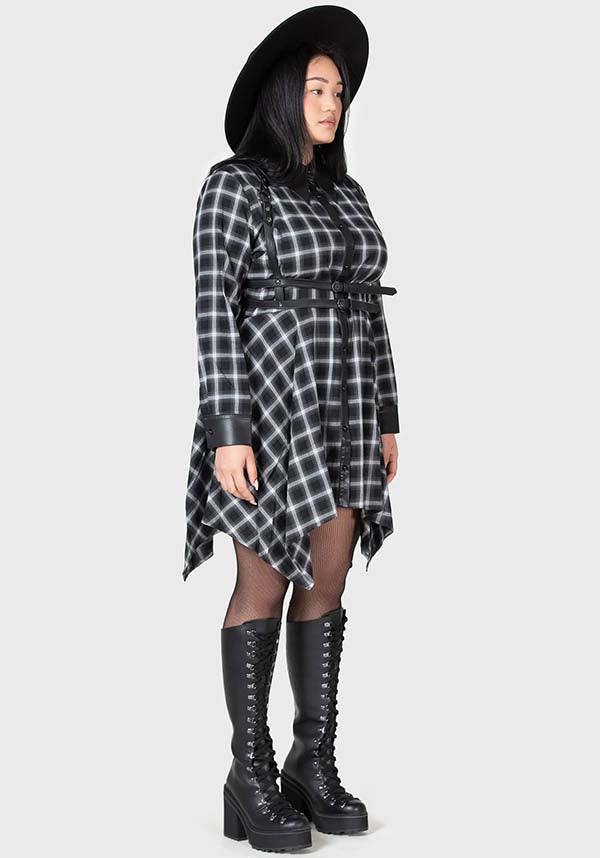 Artem Soft Cotton PU - Collar Black & Grey Tartan Mini Shirt Dress