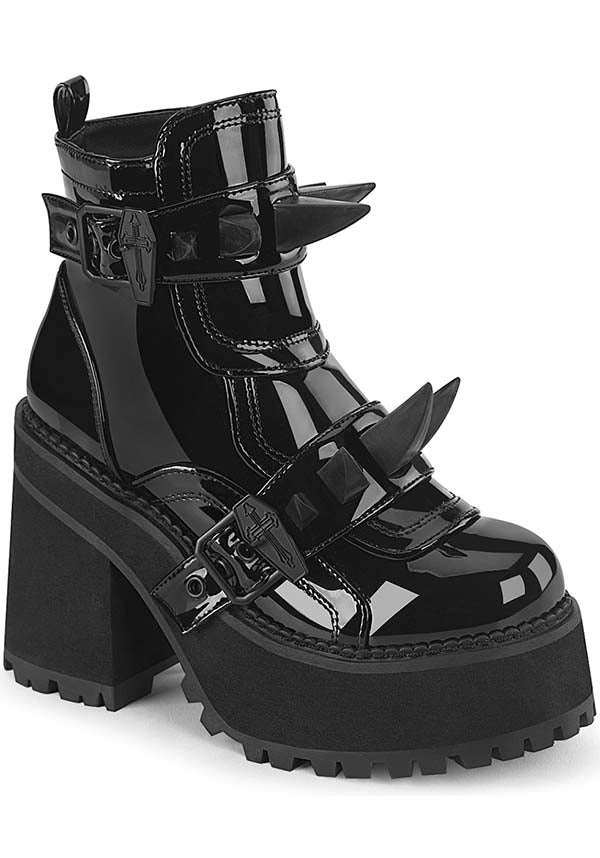 PRE-ORDER: Demonia ASSAULT-72 Platform Ankle Boots in Black Patent Leather