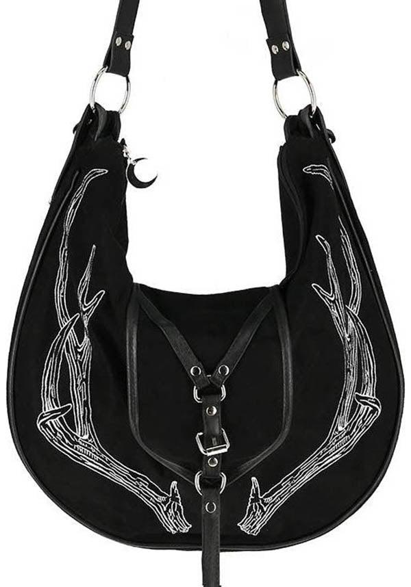 Black Deer Antler Embroidered Vegan Leather Hobo Style Handbag