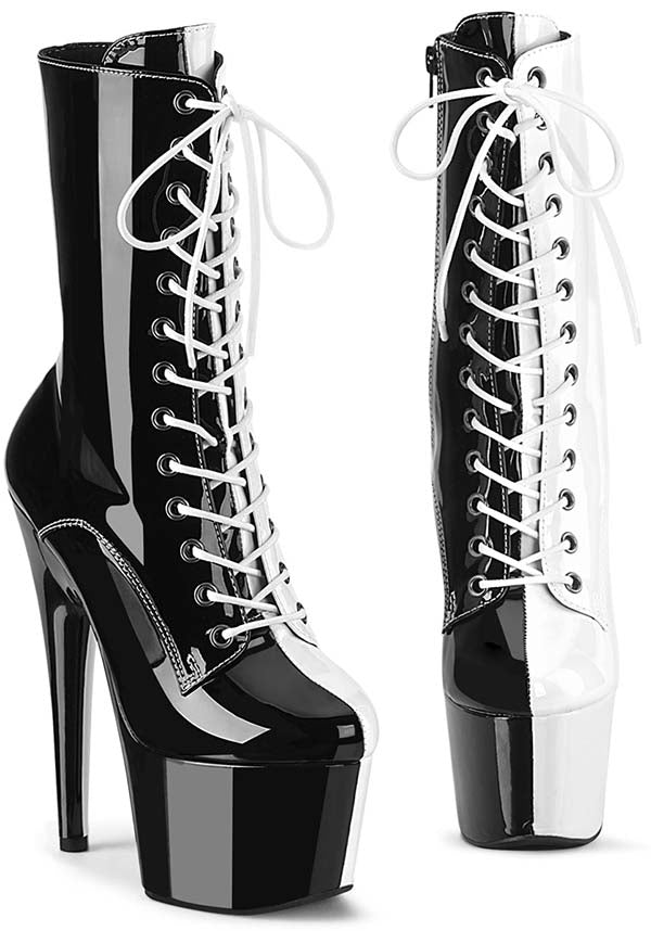 ADORE-1040TT Platform Boots in Black and White Patent Finish [Pre-Order]